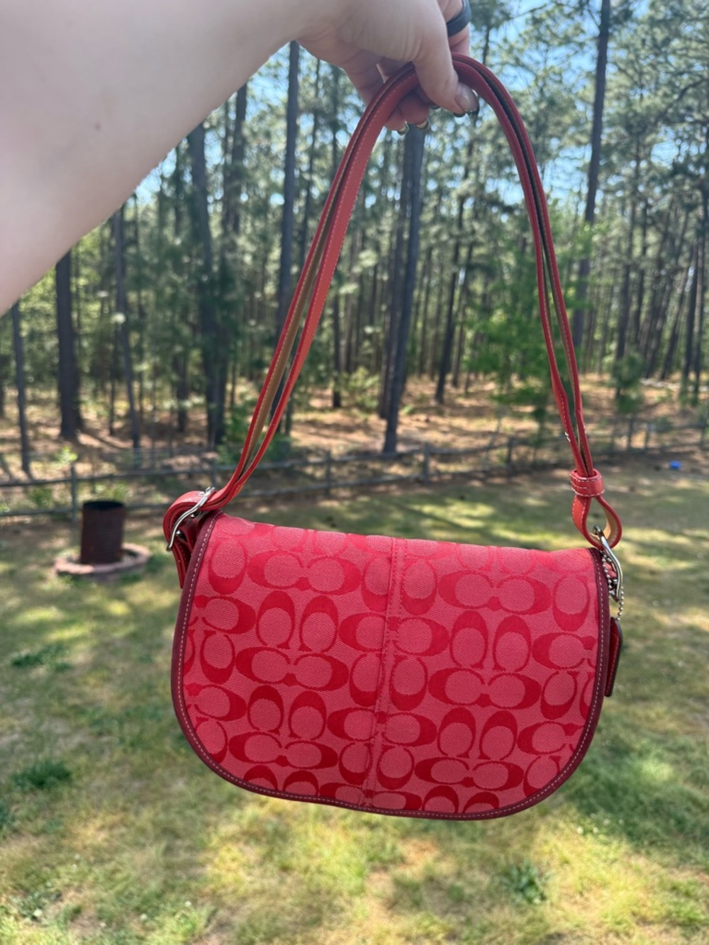 Coach Red Signature Jacquard Saddle Shoulder Bag